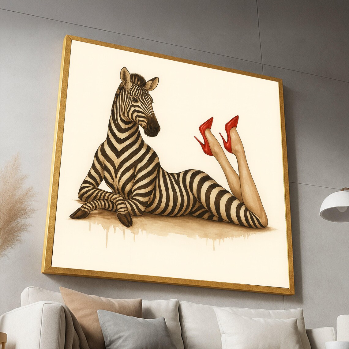 Zebra Body Paint Woman Red Heels Fashion Illustration Art Poster