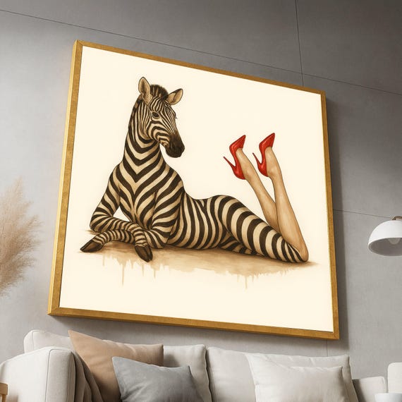 Whimsical Zebra With Red Heels Canvas Surreal Animal Art Modern Home Decor Unique Wildlife Wall Fun Painting