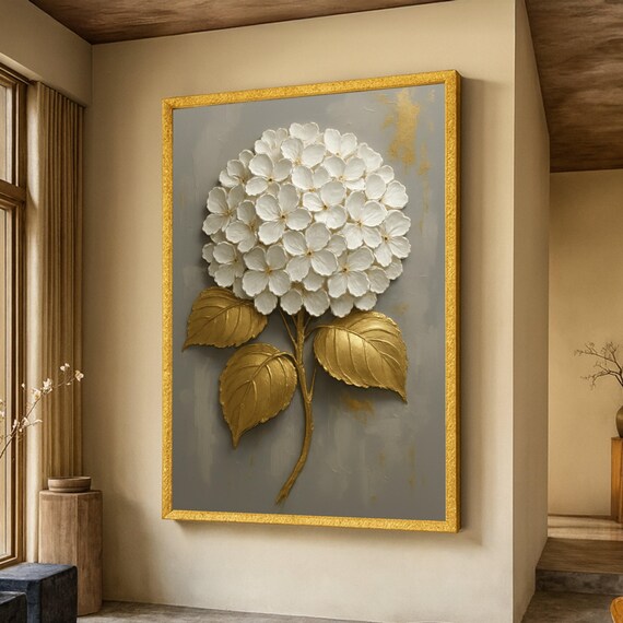 Elegant White Hydrangea Canvas Wall Art Gold Leaf Floral Decor Botanical Luxury Home Decoration Ready To Hang Artwork