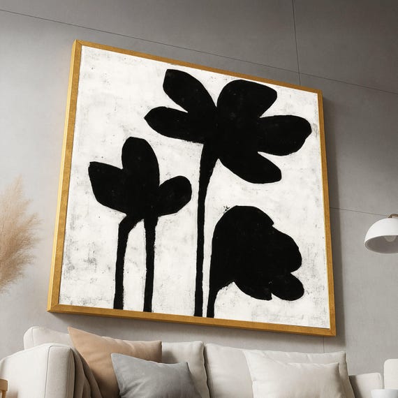 Minimalist Black Floral Silhouettes Canvas Abstract Flower Art Modern Botanical Wall Decor Monochrome Nature Contemporary Home