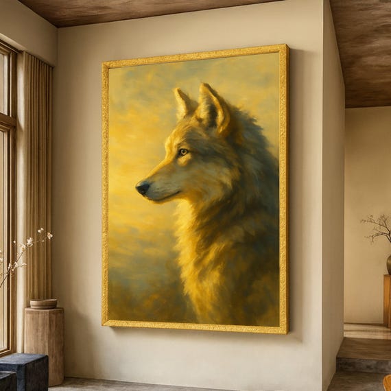 Majestic Wolf Portrait Canvas Golden Light Animal Wall Art Wildlife Nature Painting Rustic Home Decoration Ready To Hang
