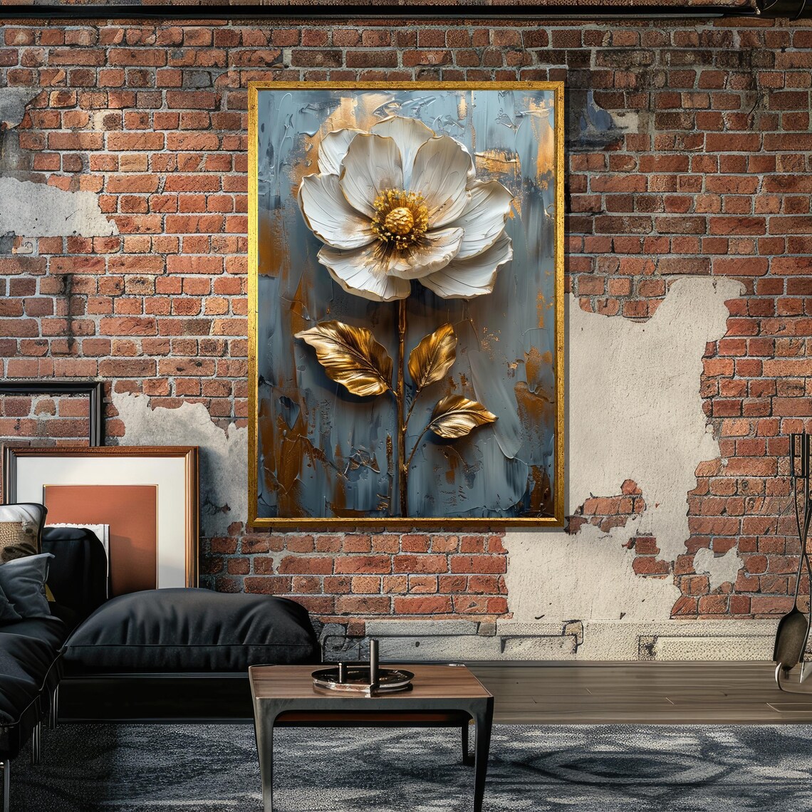 Metallic Gold Flower On Blue, Textured Floral Art Print - Image 6
