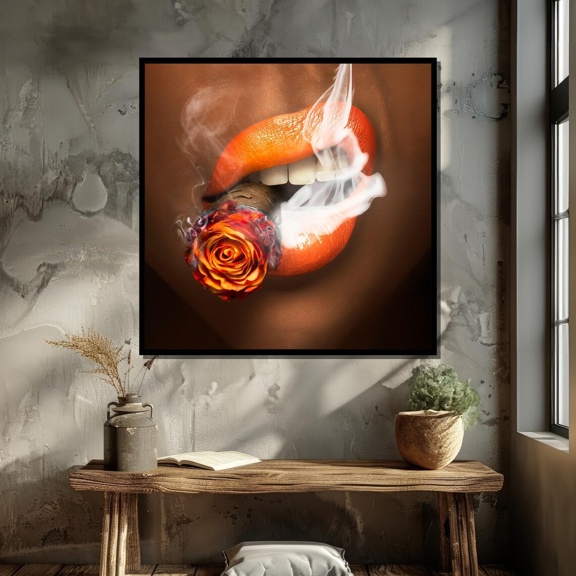 Bold Lips With Smoking Rose, Modern Surreal Art - Image 6