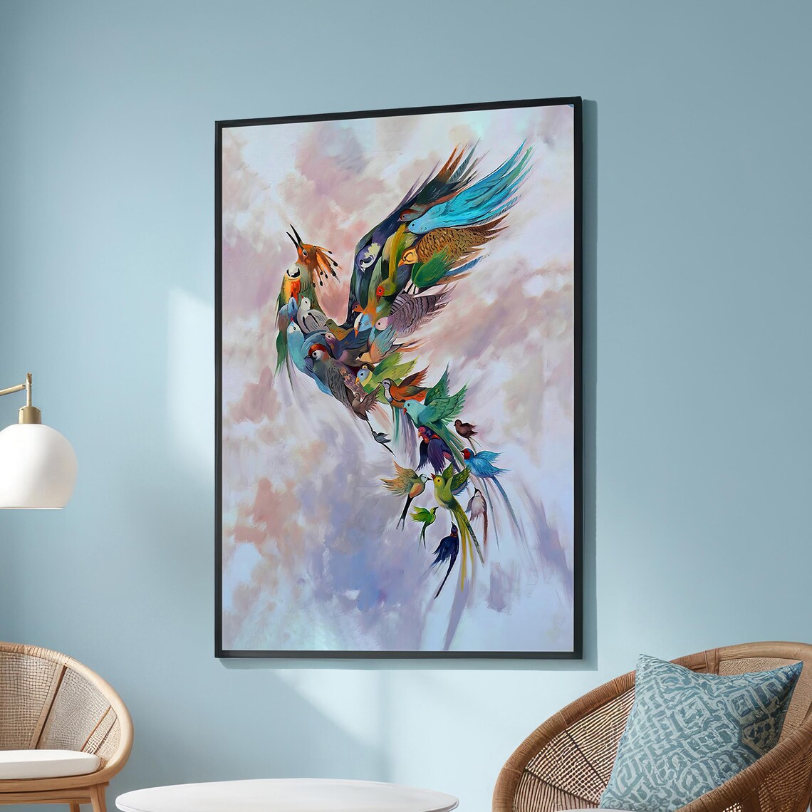 Colorful Bird Phoenix Painting, Surreal Nature Art