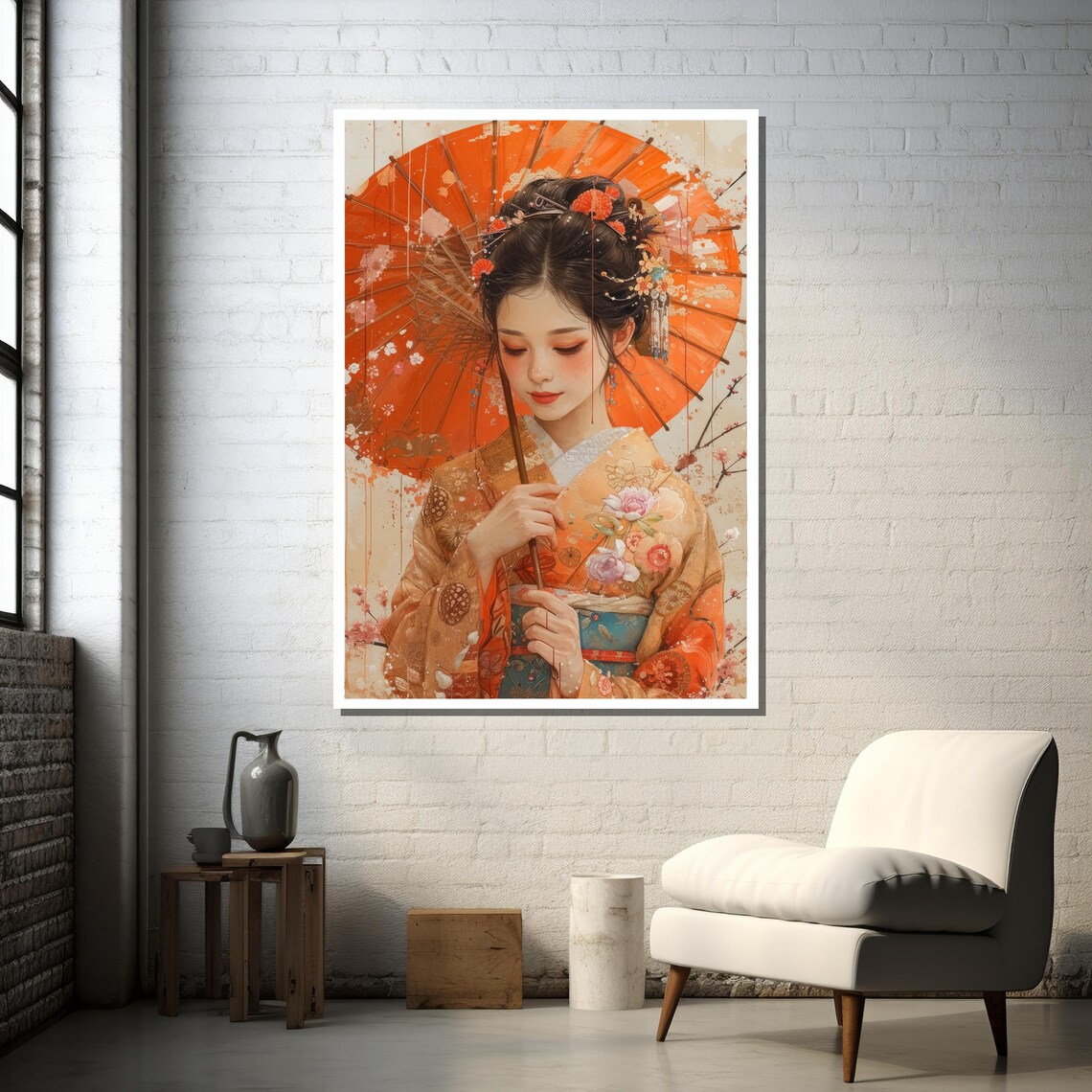 Japanese Woman With Orange Parasol, Boho Portrait Art - Image 4