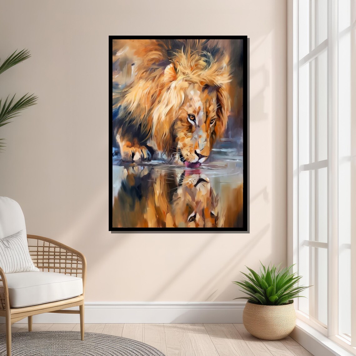 Majestic Lion Drinking Water, Realistic Animal Art Print - Image 2