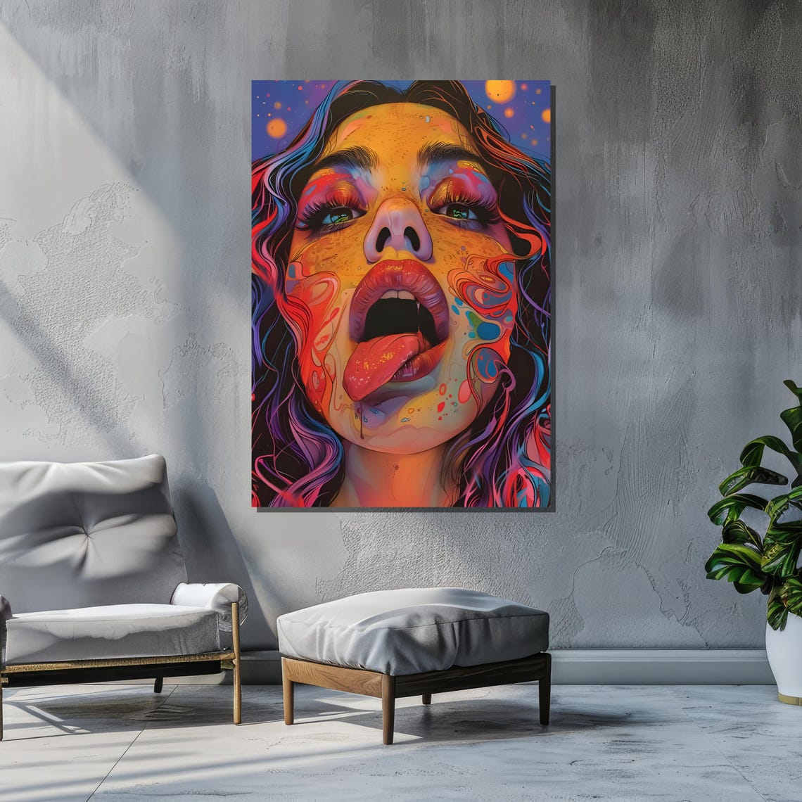 Psychedelic Colorful Woman Face Vibrant Pop Art Portrait Wall Poster