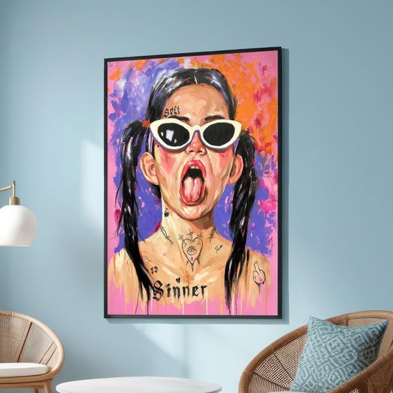 Sinner Bold Pop Art Of Rebellious Girl With Tattoos And Sunglasses Vivid Urban Bright Colors Defiant Expression
