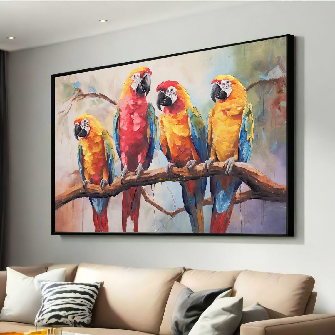 Four Colorful Macaw Parrots On Branch Vibrant Wildlife Art Poster