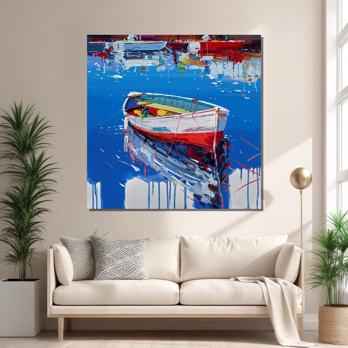 Vibrant Boat on Blue Water, Impressionist Nautical Art - Image 2
