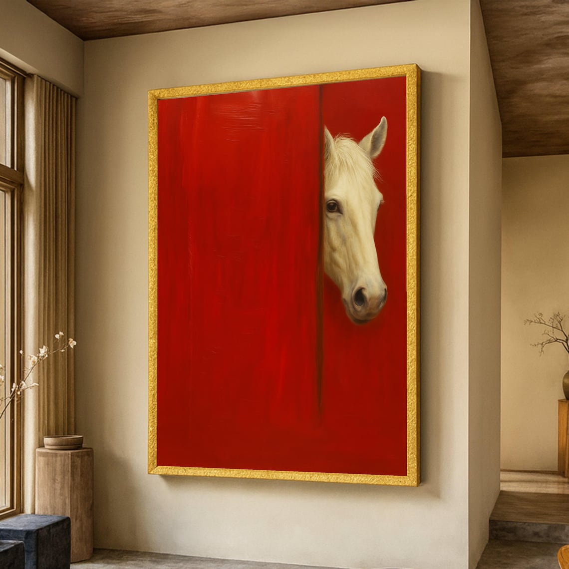 White Horse Peeking Red Curtain Minimalist Bold Equine Wall Art