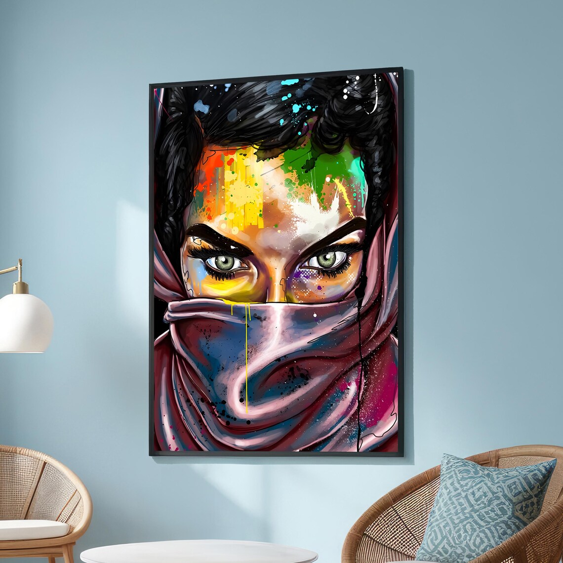 Colorful Graffiti Woman With Mask Vibrant Eyes Street Art Poster