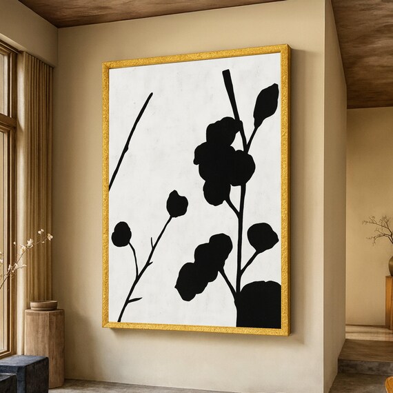 Black White Botanical Stem Silhouette Minimal Japandi Art Poster