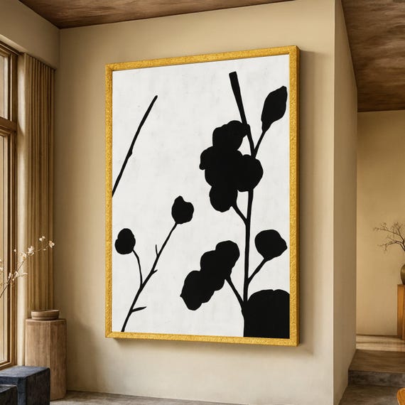 Minimalist Black And White Floral Silhouette Canvas Botanical Wall Art Modern Nature Decor Abstract Flower Print Ready To Hang