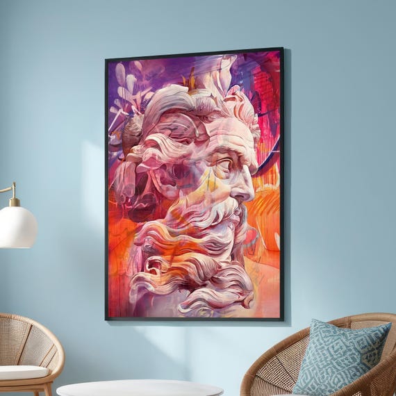 Classical Sculpture Graffiti Art Bold Fusion Of Renaissance And Street Colorful Abstract Urban Decor With Zeuslike Figure