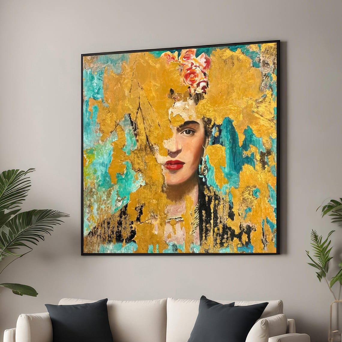 Frida Inspired Portrait with Gold Leaf Floral Crown Textured Wall Art