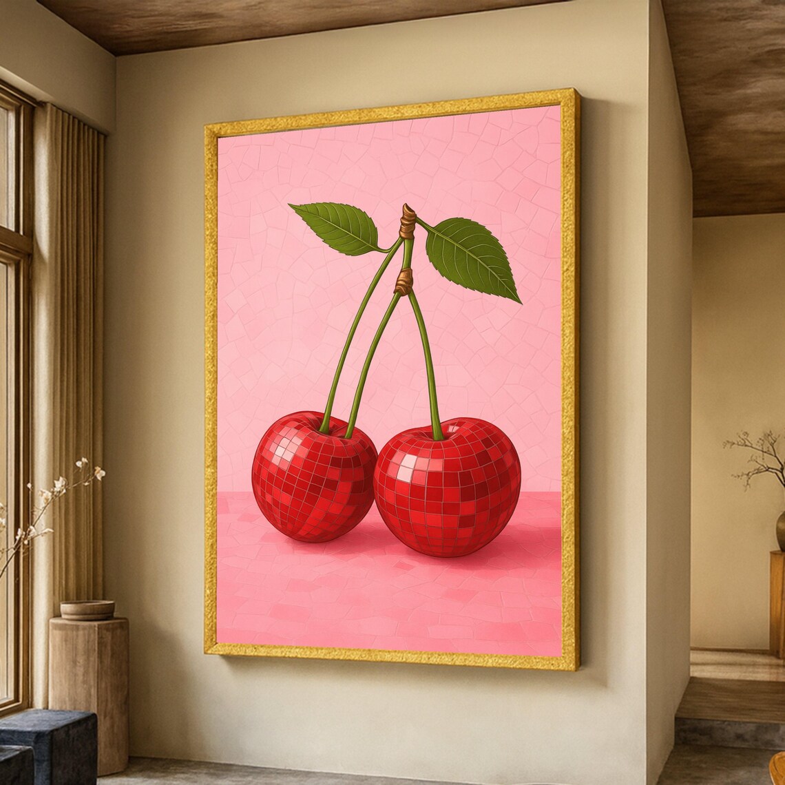 Mosaic Style Cherries Poster Print, Modern Fruit Illustration