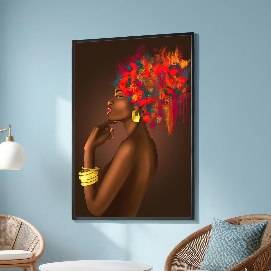 African Woman Profile Gold Jewelry Painted Afro Elegant Art Poster