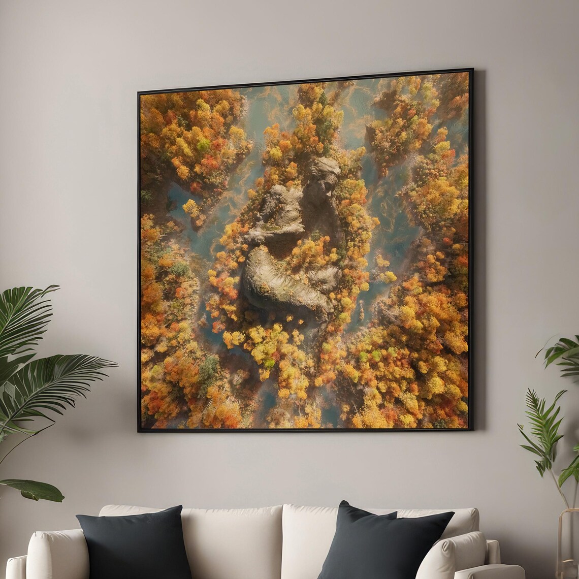 Serene Autumn Landscape, Reclining Woman Statue