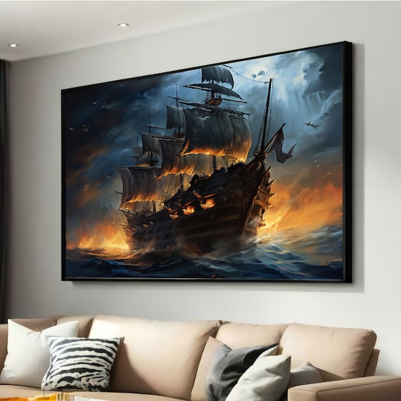 Historic Sailing Ship Stormy Sea Fiery Glow Dramatic Canvas Wall Art