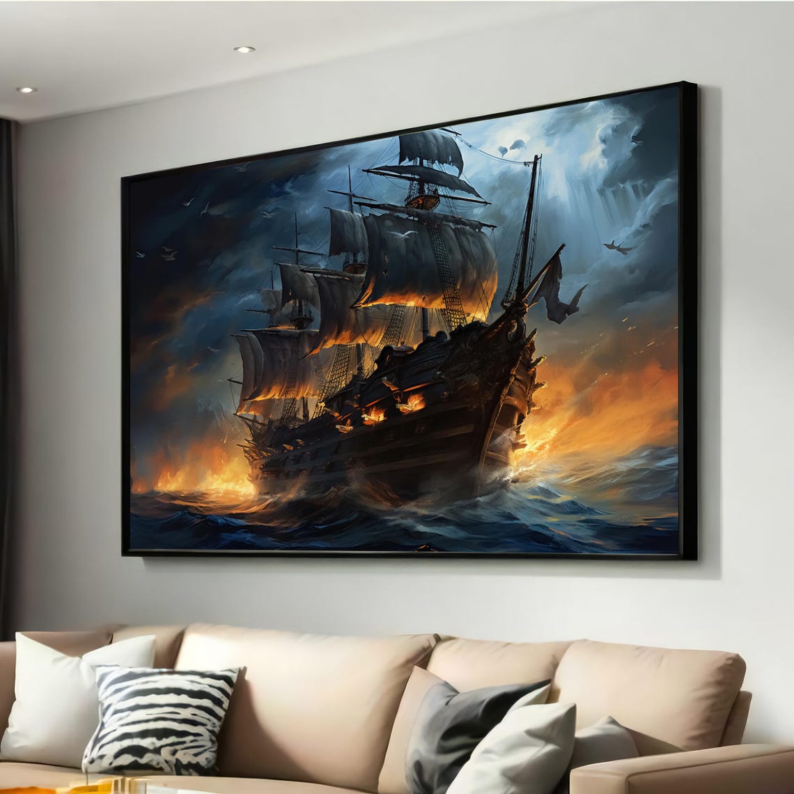 Historic Sailing Ship Stormy Sea Fiery Glow Dramatic Canvas Wall Art