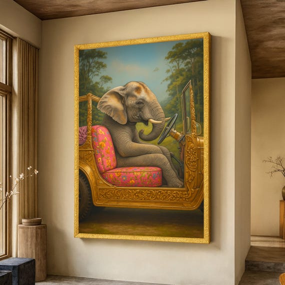 Whimsical Elephant Driving Vintage Car Canvas Surreal Animal Wall Art Quirky Home Decor Nature And Wildlife Ready To Hang Artwork