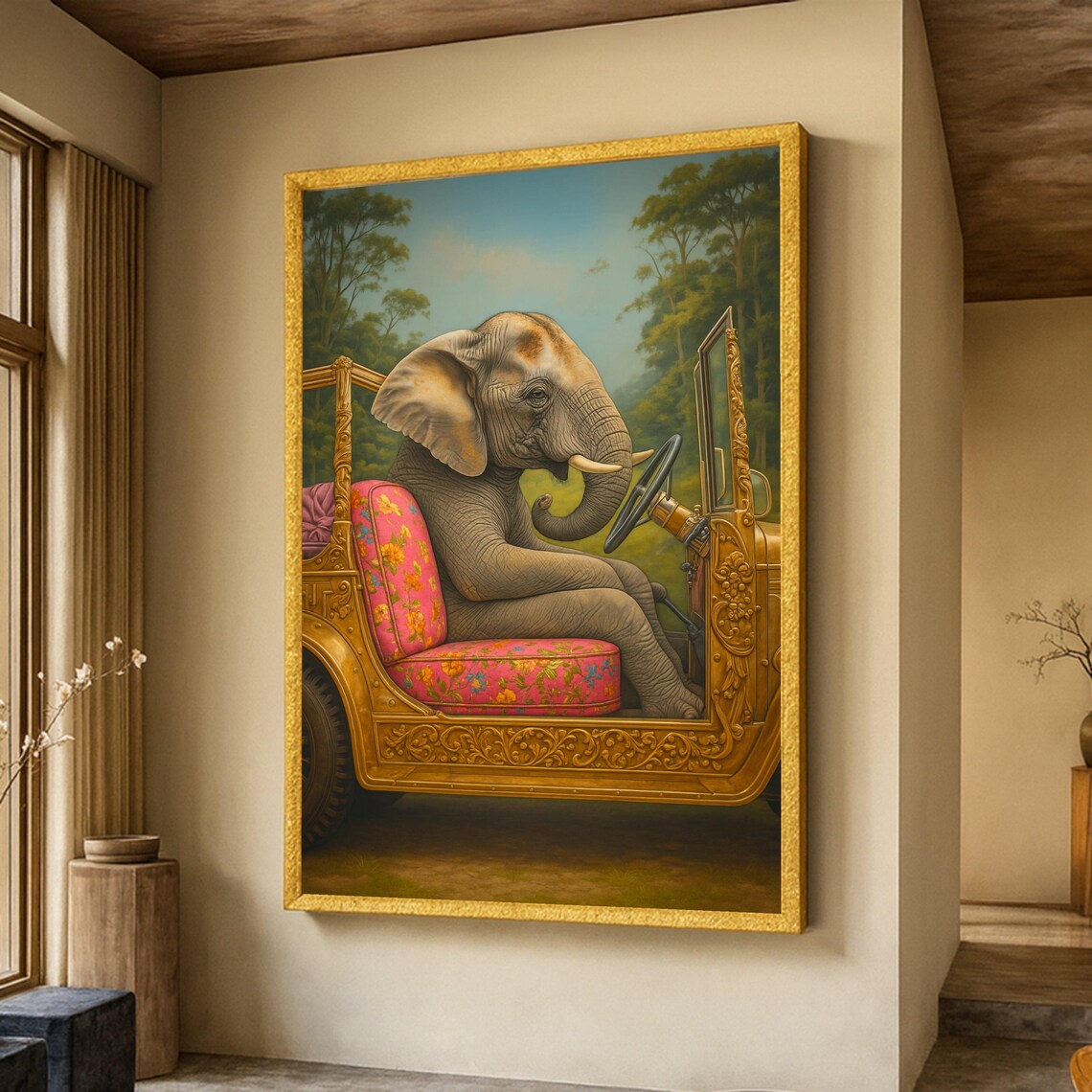 Elephant Driving Vintage Golden Jeep Whimsical Safari Art Poster
