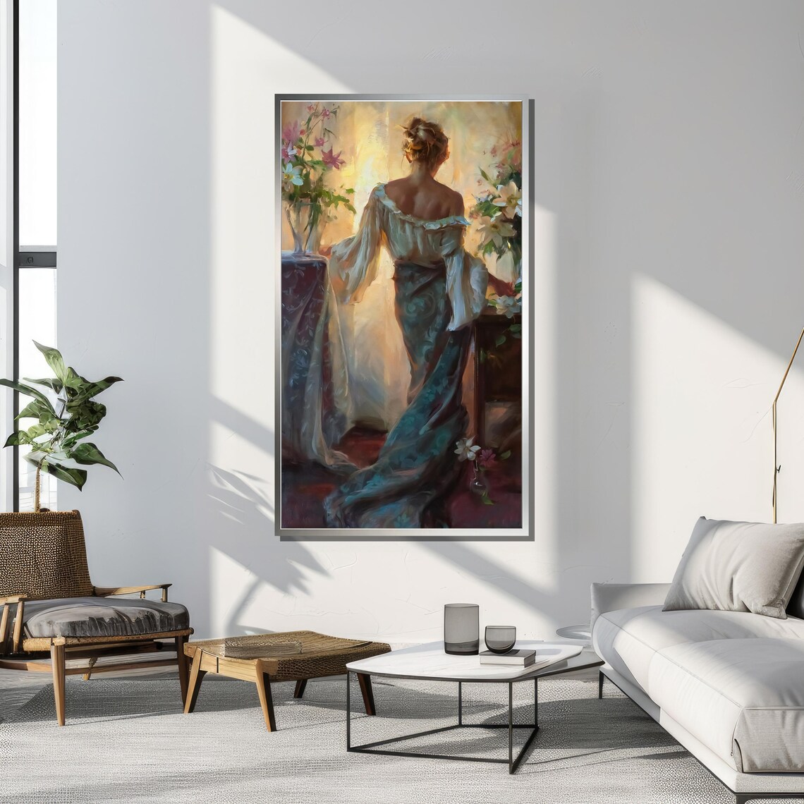 Elegant Woman With Flowers, Dreamy Impressionist Art - Image 3