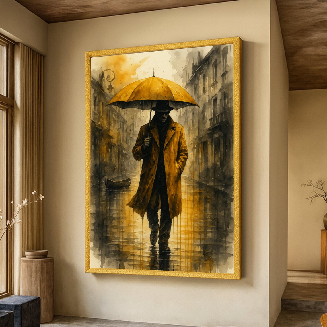 Moody Urban Rain Scene, Vintage Cityscape Art Print