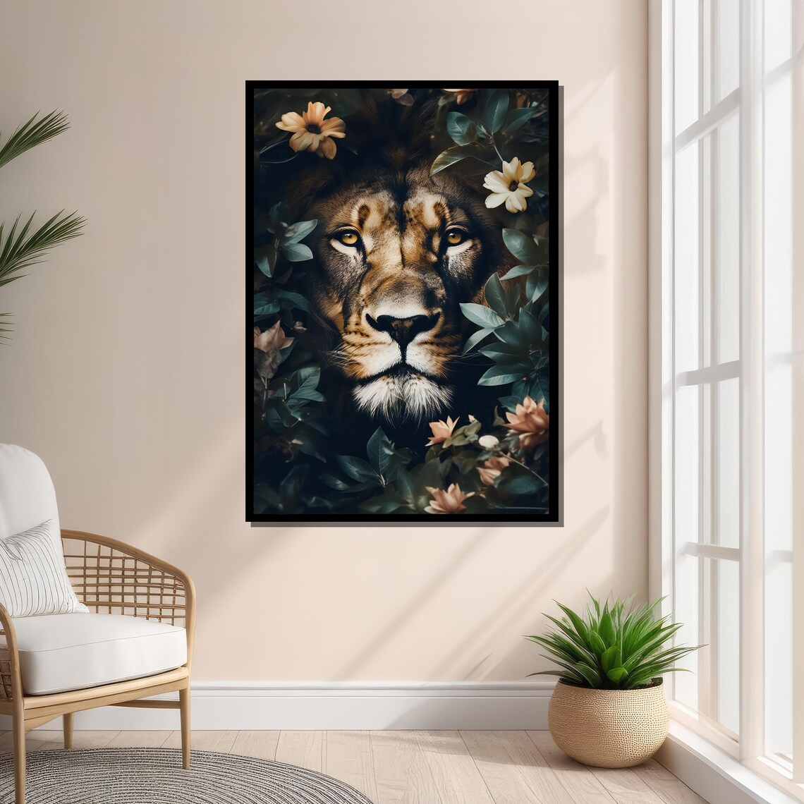 Majestic Lion Face With Floral Foliage, Nature Inspired Art - Image 5