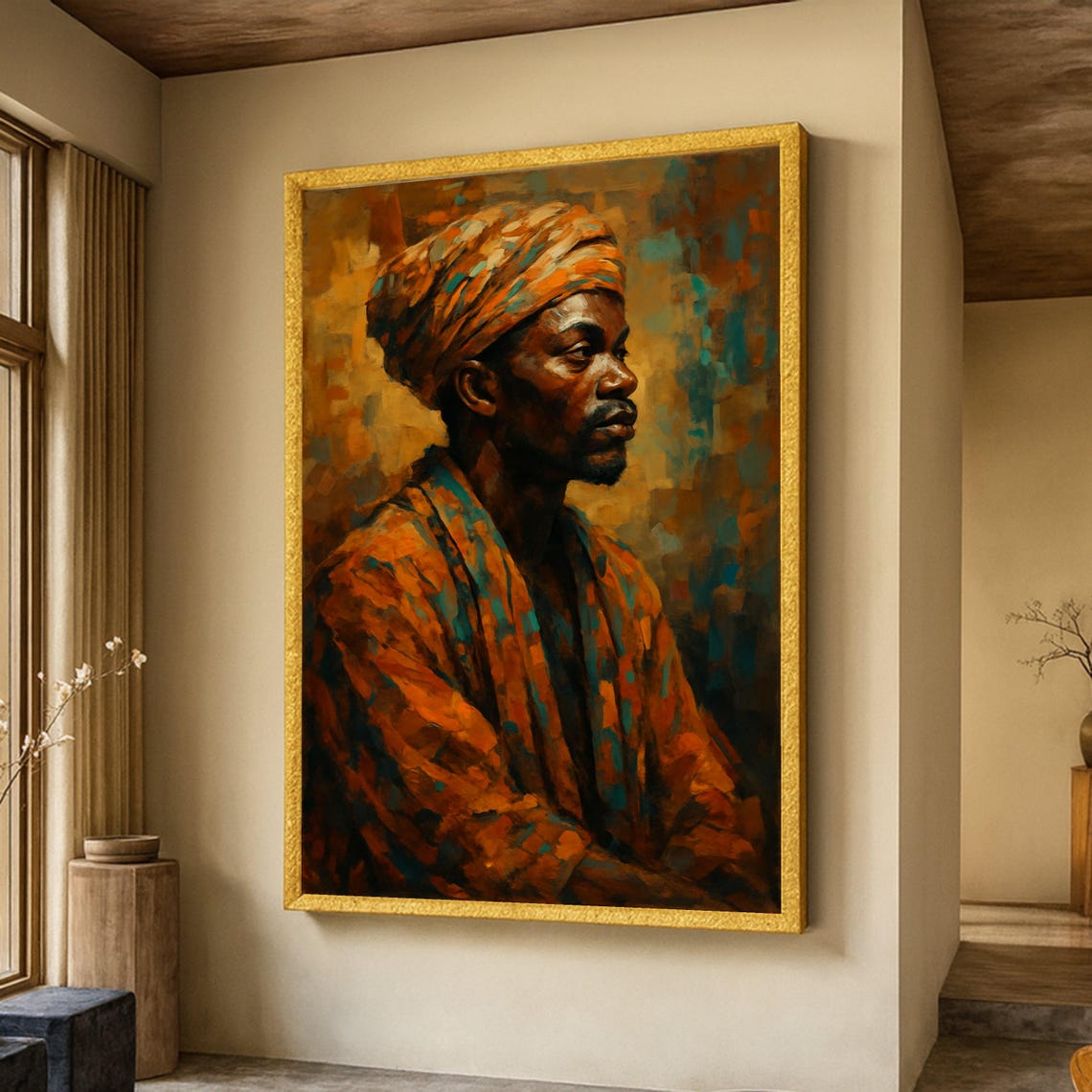 African Man Traditional Headwrap Warm Painterly Portrait Wall Art