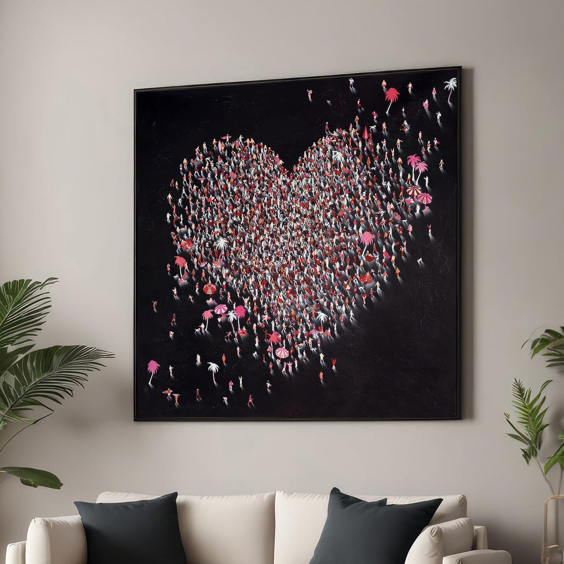 Heart Shaped Crowd of Tiny People on Black Bold Pop Art Wall Art