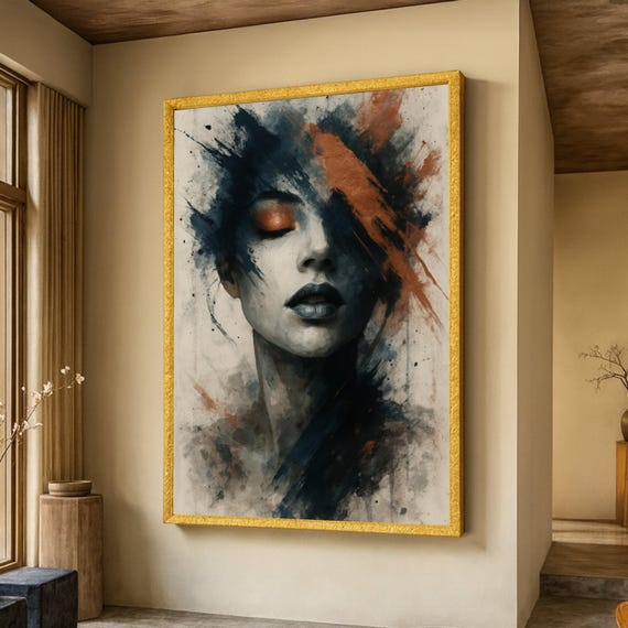 Abstract Female Portrait Canvas Modern Art Wall Decor Expressionist Face Painting Moody Color Splash Contemporary Home Decoration