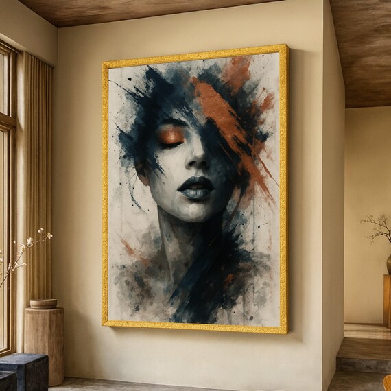 Abstract Female Portrait Expressive Face Dark Modern Art Print