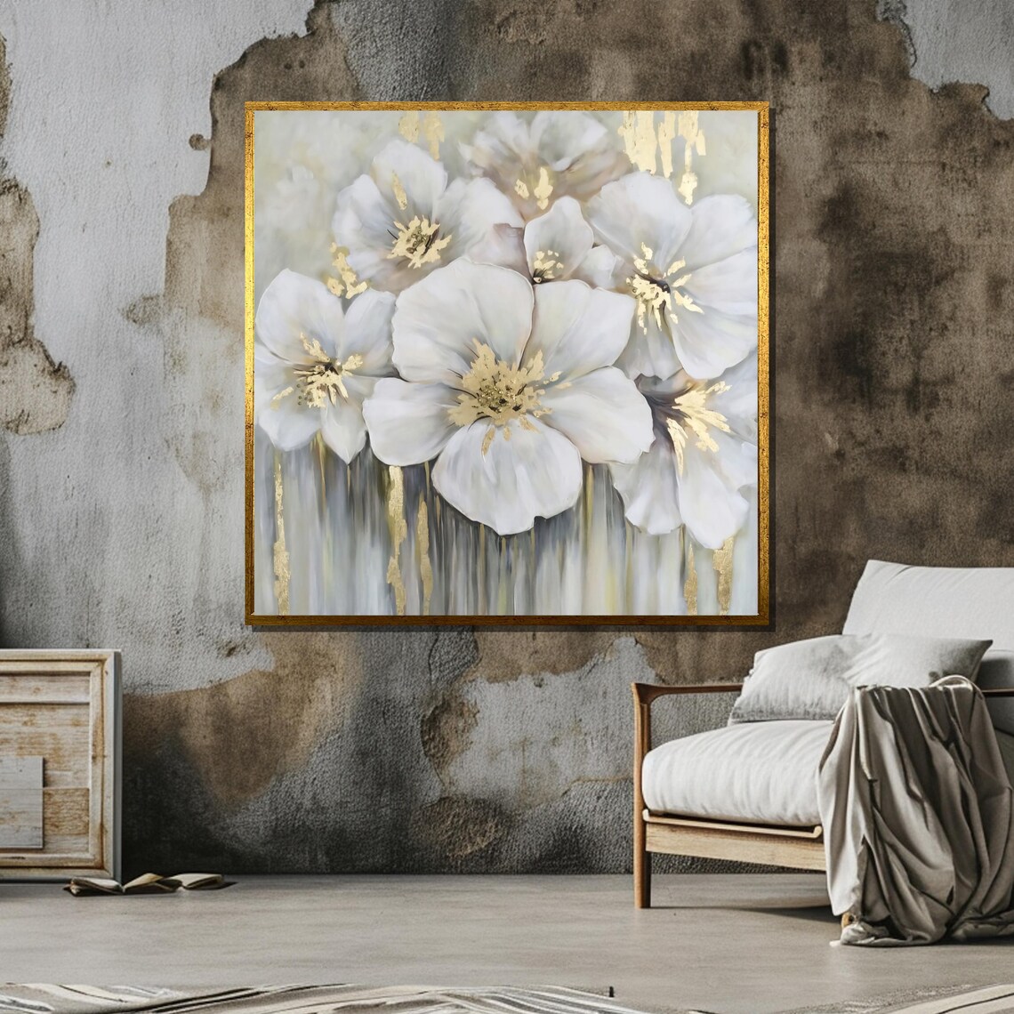 Elegant White Flowers With Gold Accents, Modern Floral - Image 5