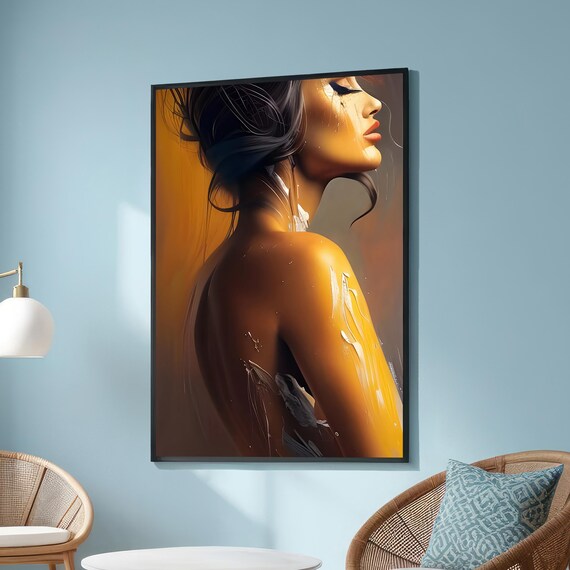 Golden Woman Profile Abstract Bronze Oil Painting Elegant Minimalist Wall Art