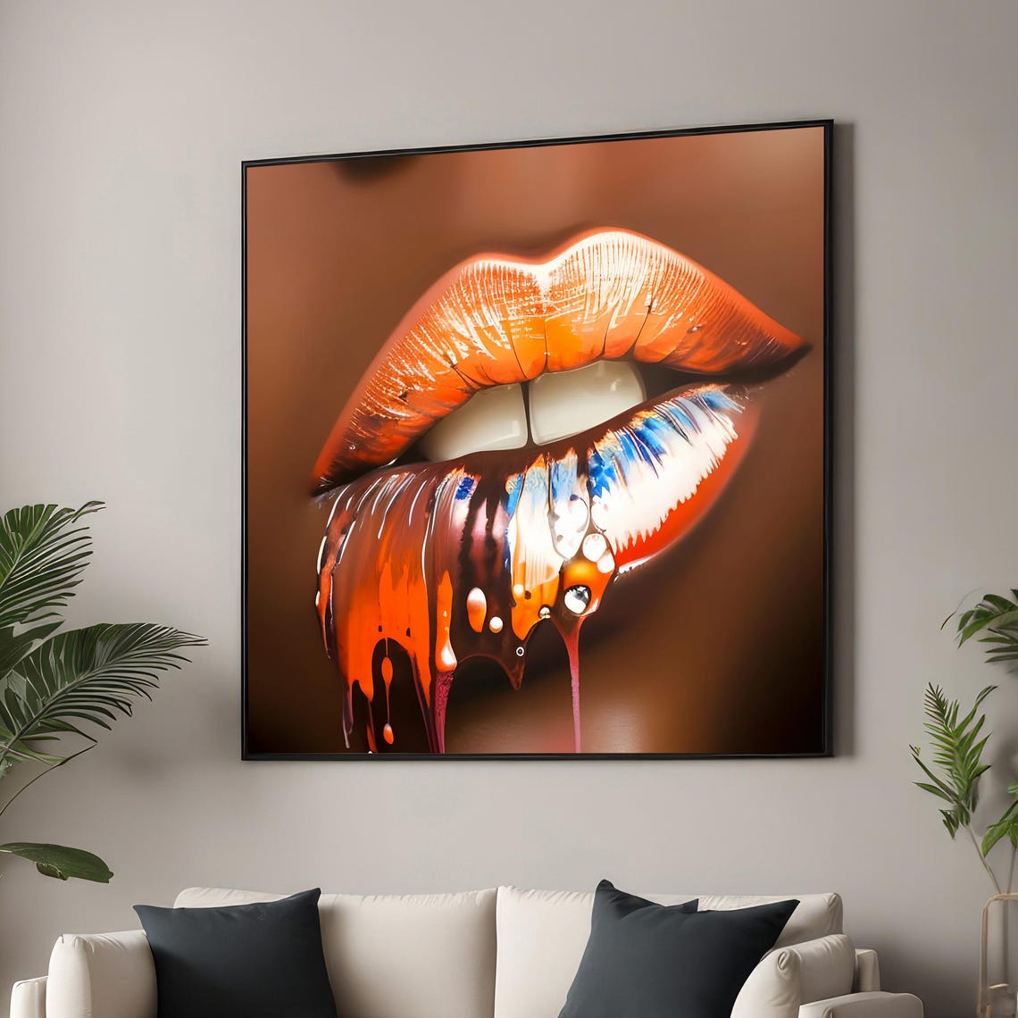 Vibrant Dripping Lips with Glossy Orange Paint Modern Wall Art