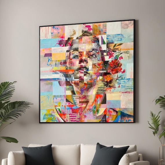 Abstract Cubist Woman Face with Vibrant Geometric Blocks Wall Art