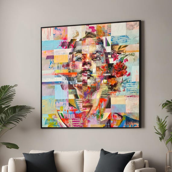 Abstract Cubist Womans Face Canvas Print Vibrant Geometric Portrait With Florals Modern Wall Art For Contemporary Or Eclectic Decor