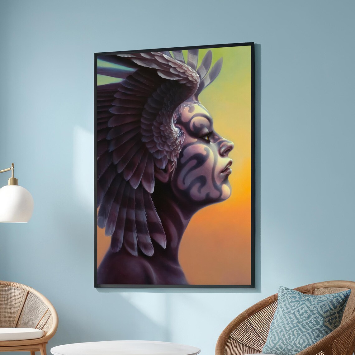 Surreal Woman With Feathers And Tattoos, Modern Art