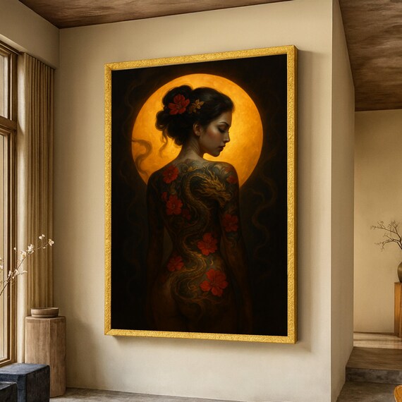 Elegant Woman With Dragon Tattoo Canvas Artistic Back Wall Art Oriental Floral Body Mystical Yellow Moon Home