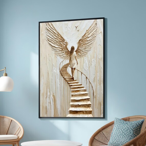 Angel Stairway To Heaven Canvas Textured Neutral Wall Art Serene Spiritual Painting Minimalist Divine Figure Home Decor