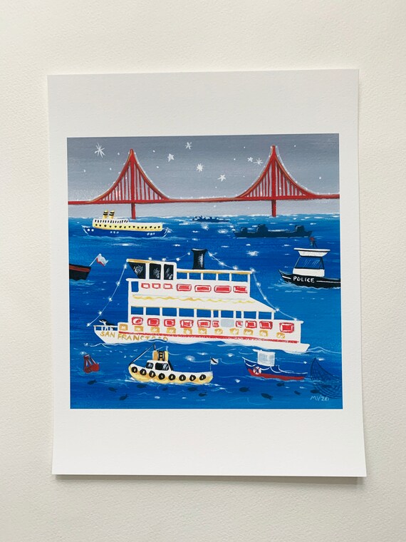 Golden Gate Bridge San Francisco Ferry Starry Night Harbor Poster