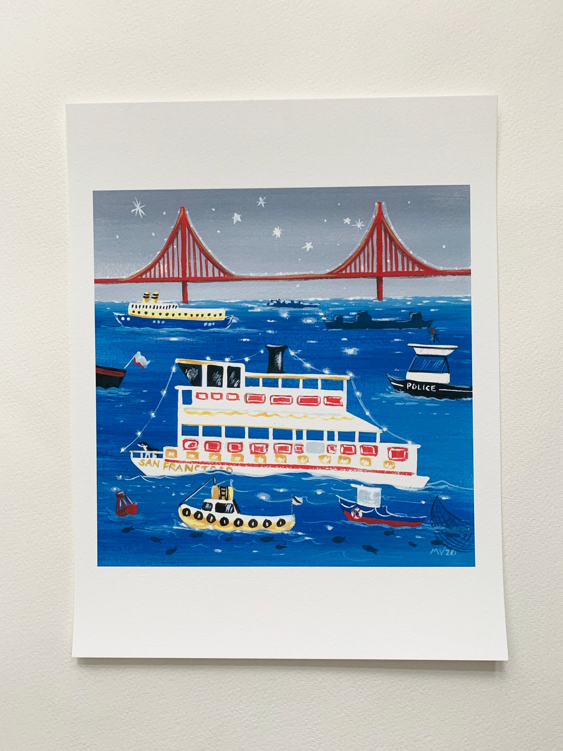 San Francisco Bay Golden Gate Bridge Boats Harbor Night Art Poster