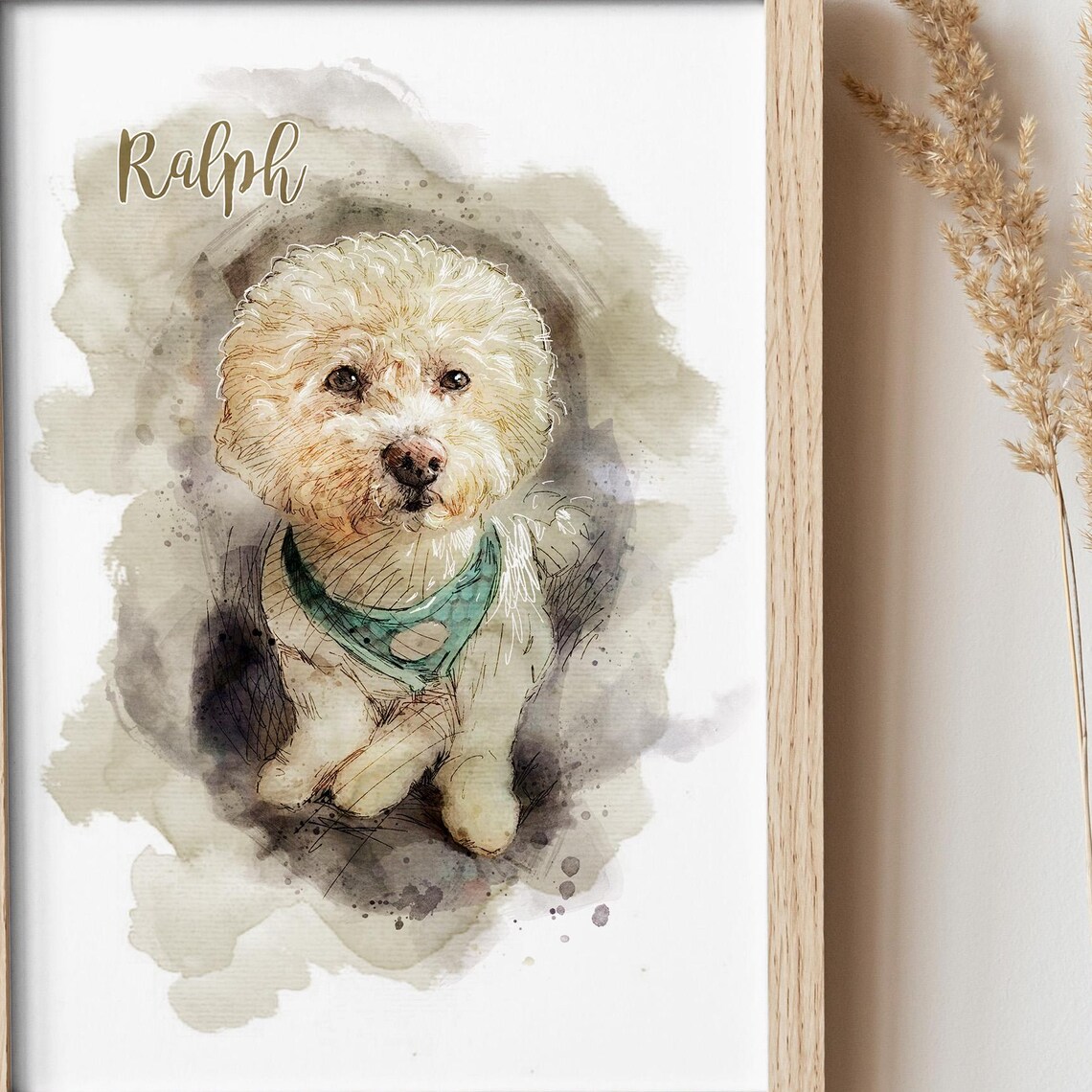 Ralph Cream Fluffy Dog Watercolor Portrait Bandana Pet Art Print