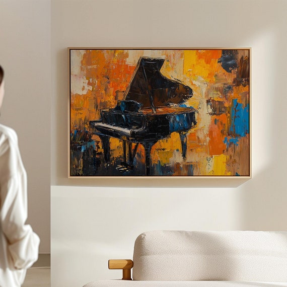 Abstract Grand Piano Art Bold Brush Stroke Texture In Orange Blue And Brown Unique Artistic Music Decor For Piano Lovers