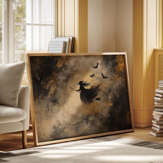 Halloween Witch Silhouette Flying Broomstick Full Moon Bats Poster