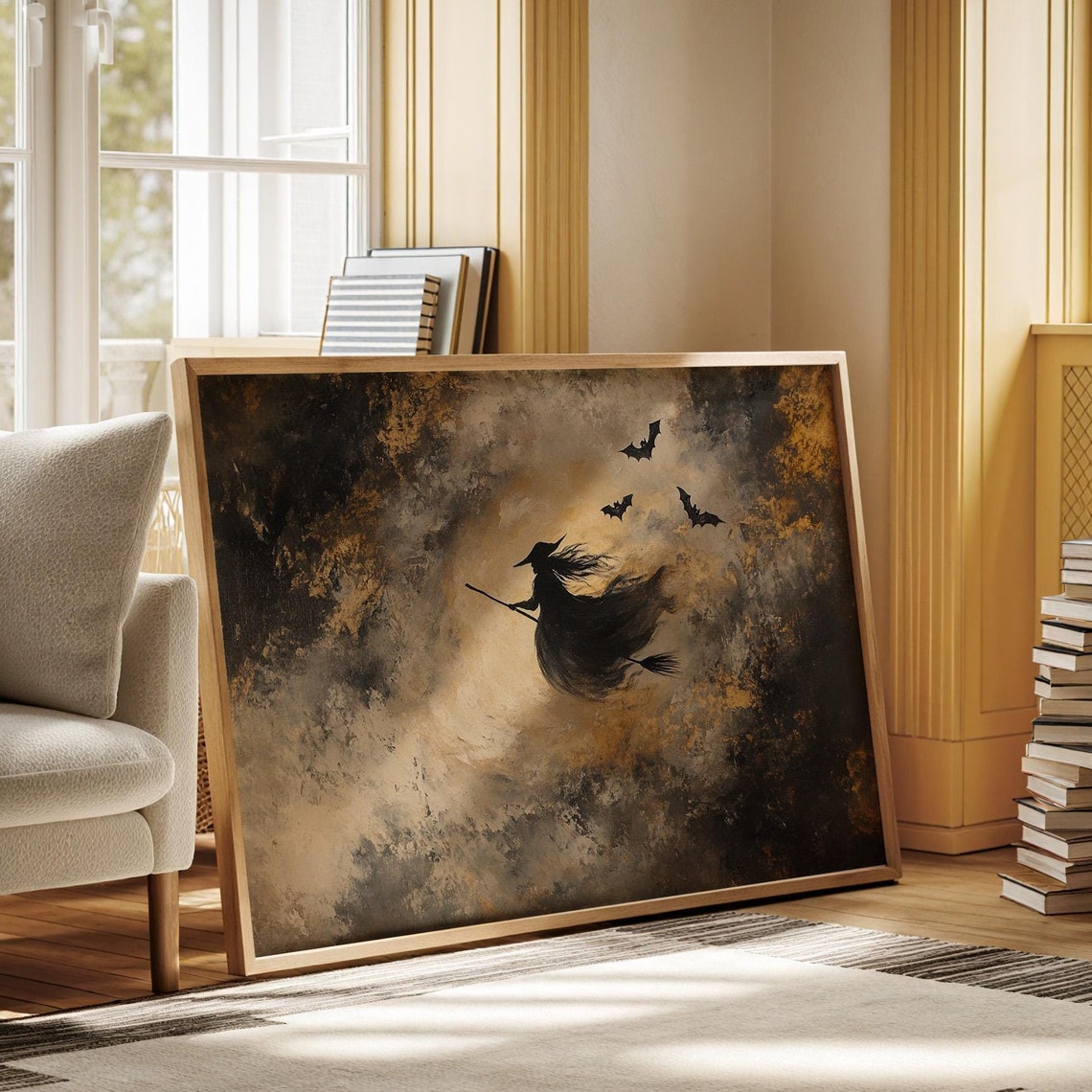 Halloween Witch Silhouette Flying Broomstick Full Moon Bats Poster