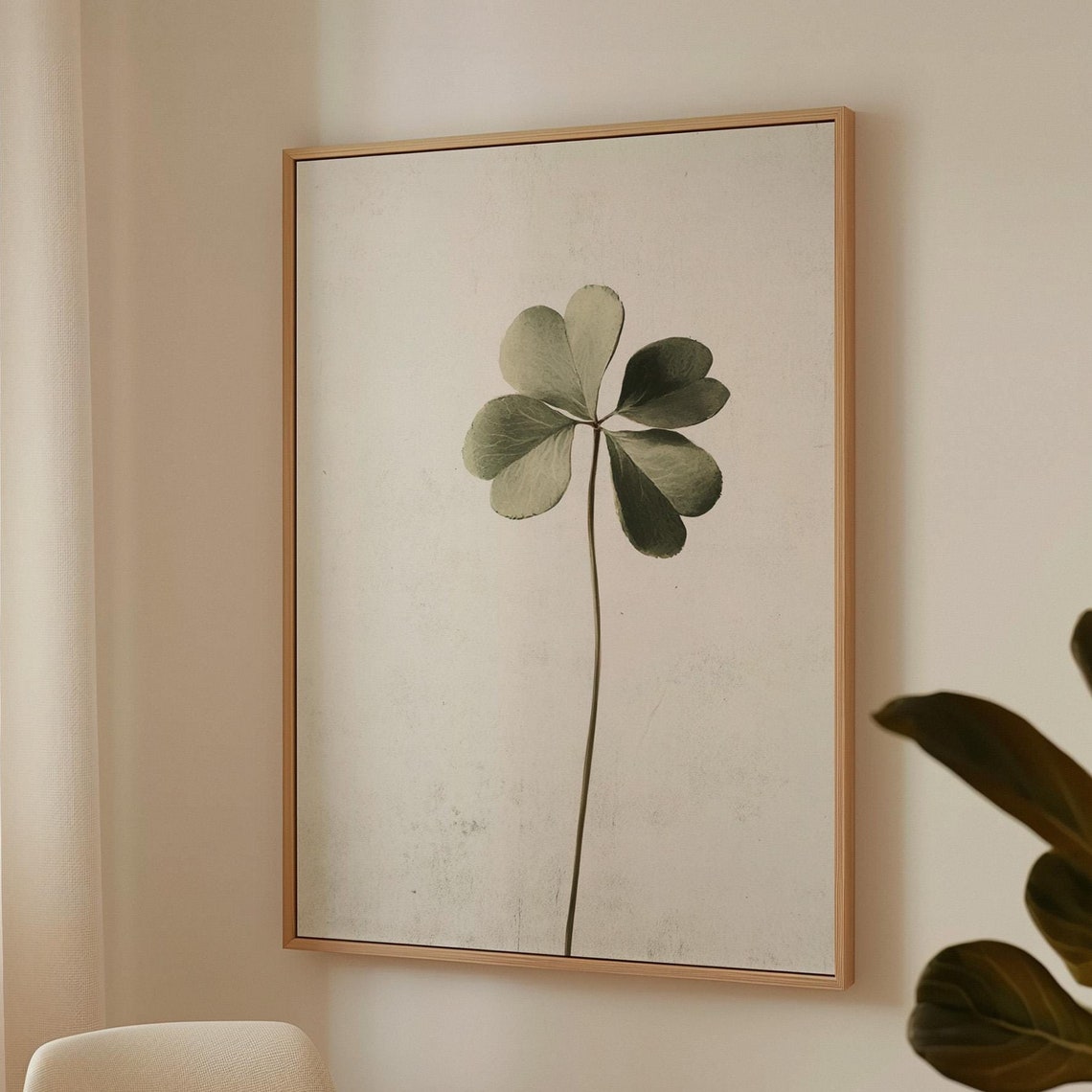 Neutral Green Clover Stem Minimalist Botanical Decor Wall Art