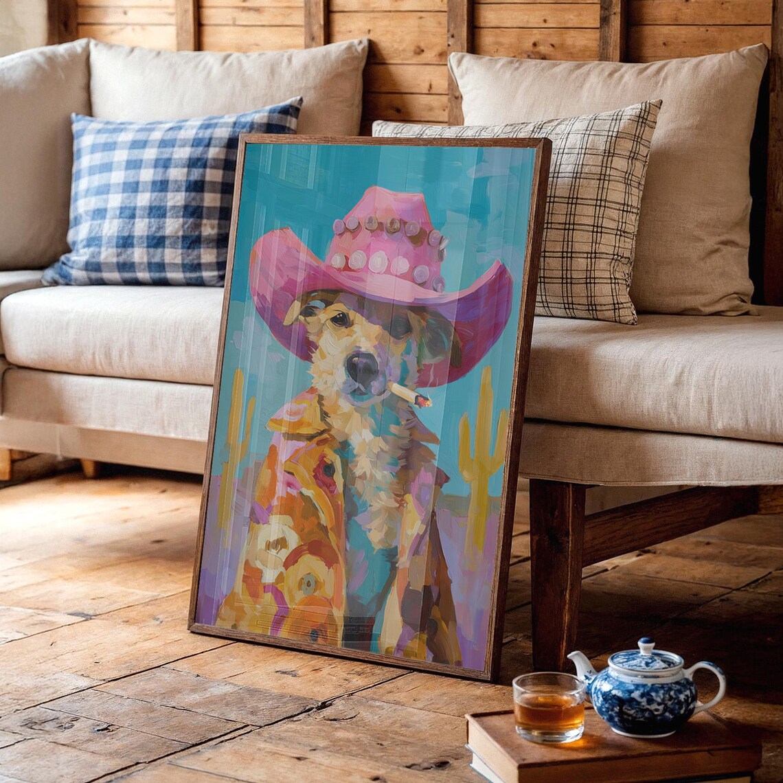 Playful Cowboy Dog Poster Pink Hat Cactus Funny Western Pup Art